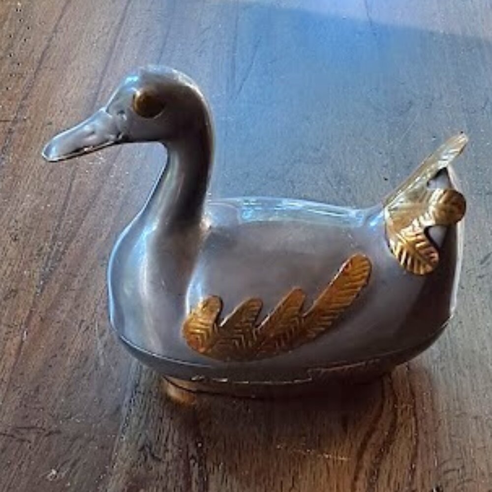 Vintage Pewter and Brass Duck Trinket Box